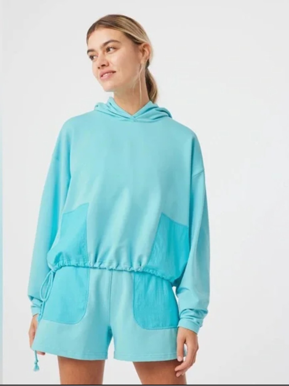Outdoor Voices Beach Tree Hoodie & Shorts SET Cropped Capri Blue